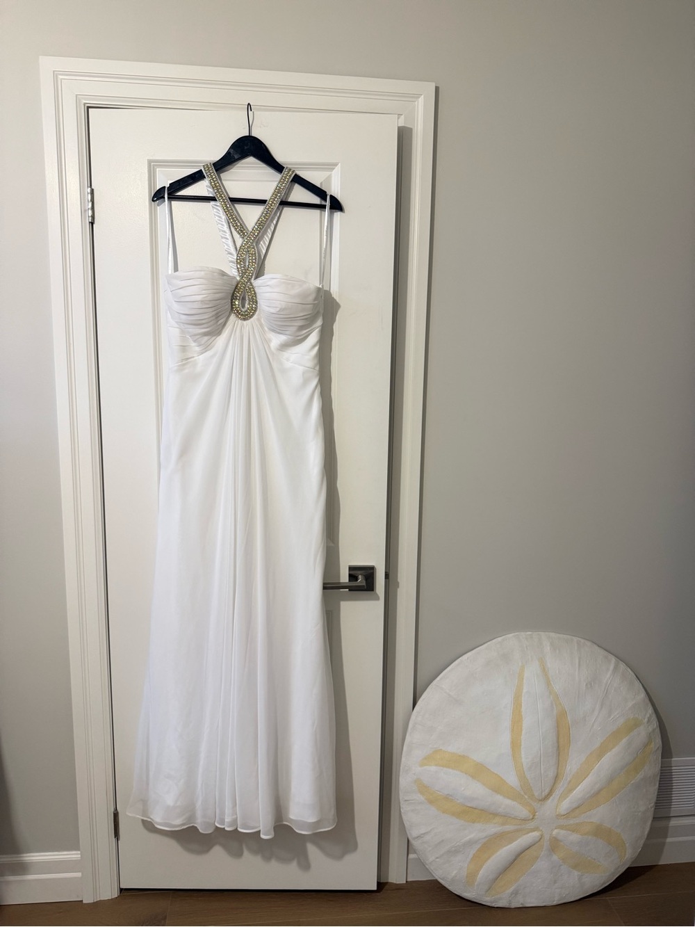 Tony Bowls White Strapless Evening Gown with AB Embellished Halter